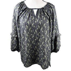 Beacon Apparel Womens Boho Floral Blouse Black Green 3/4 Balloon Sleeve Top M